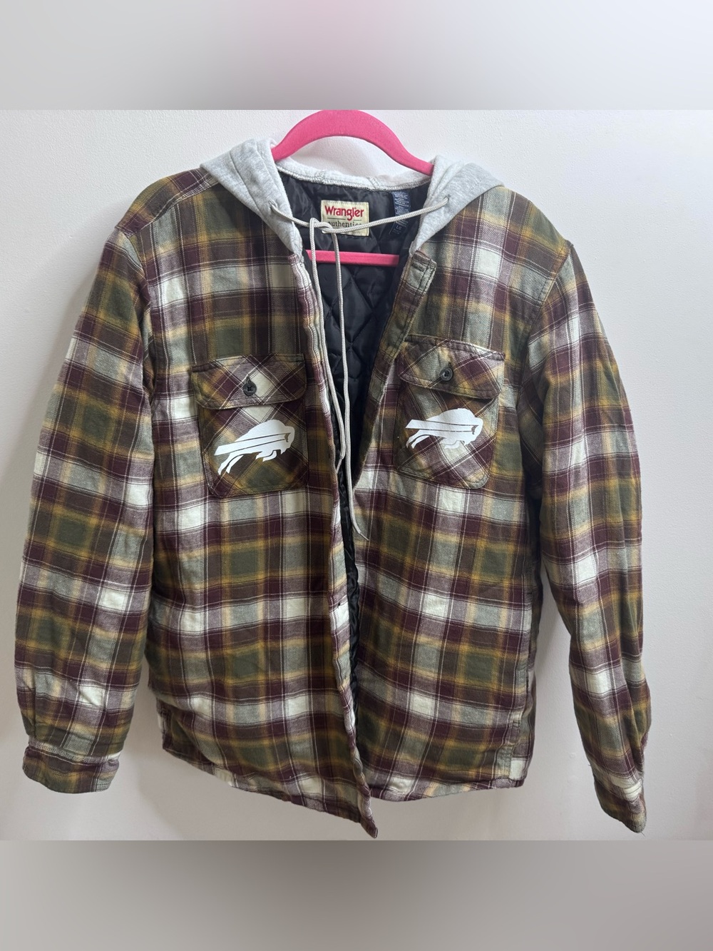 Upcycled / repurposed Wrangler Plaid Hooded Bomber Jacket Buffalo Bills Era
